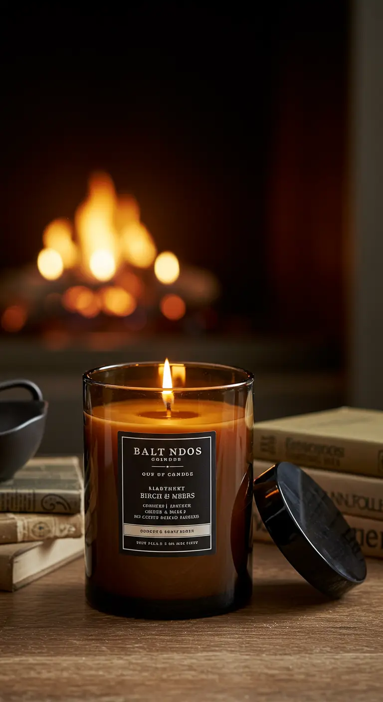 Vela color ámbar en un vaso oscuro, con una chimenea encendida de fondo