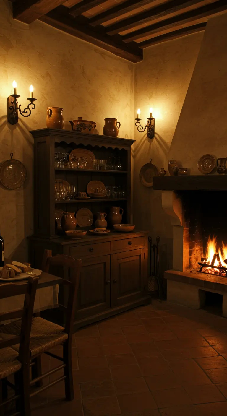 Rincón de comedor rústico con una chimenea encendida y un aparador de madera.