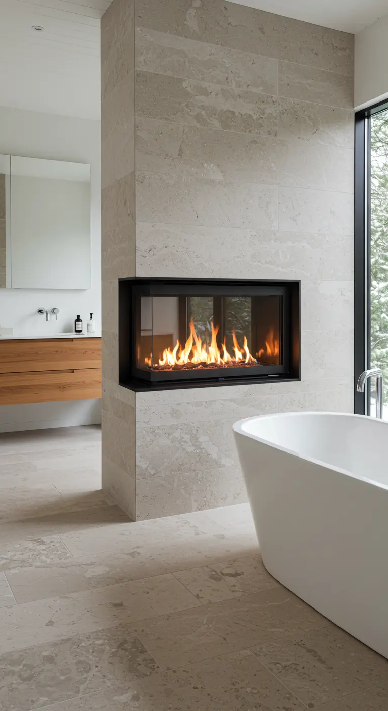 Baño de lujo con chimenea de gas integrada en una pared de piedra junto a la bañera.