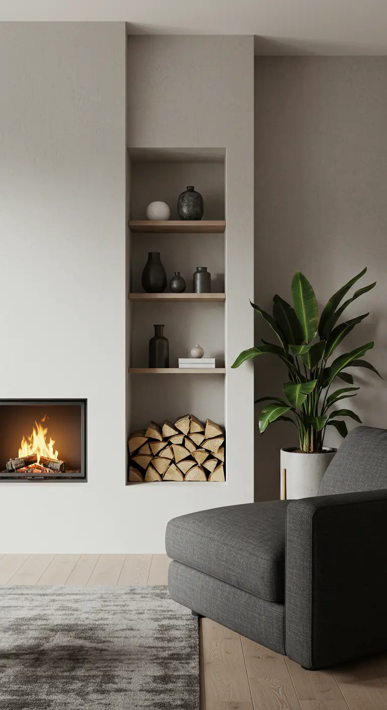 Chimenea moderna con un nicho para leña y cerámica, junto a una gran planta.