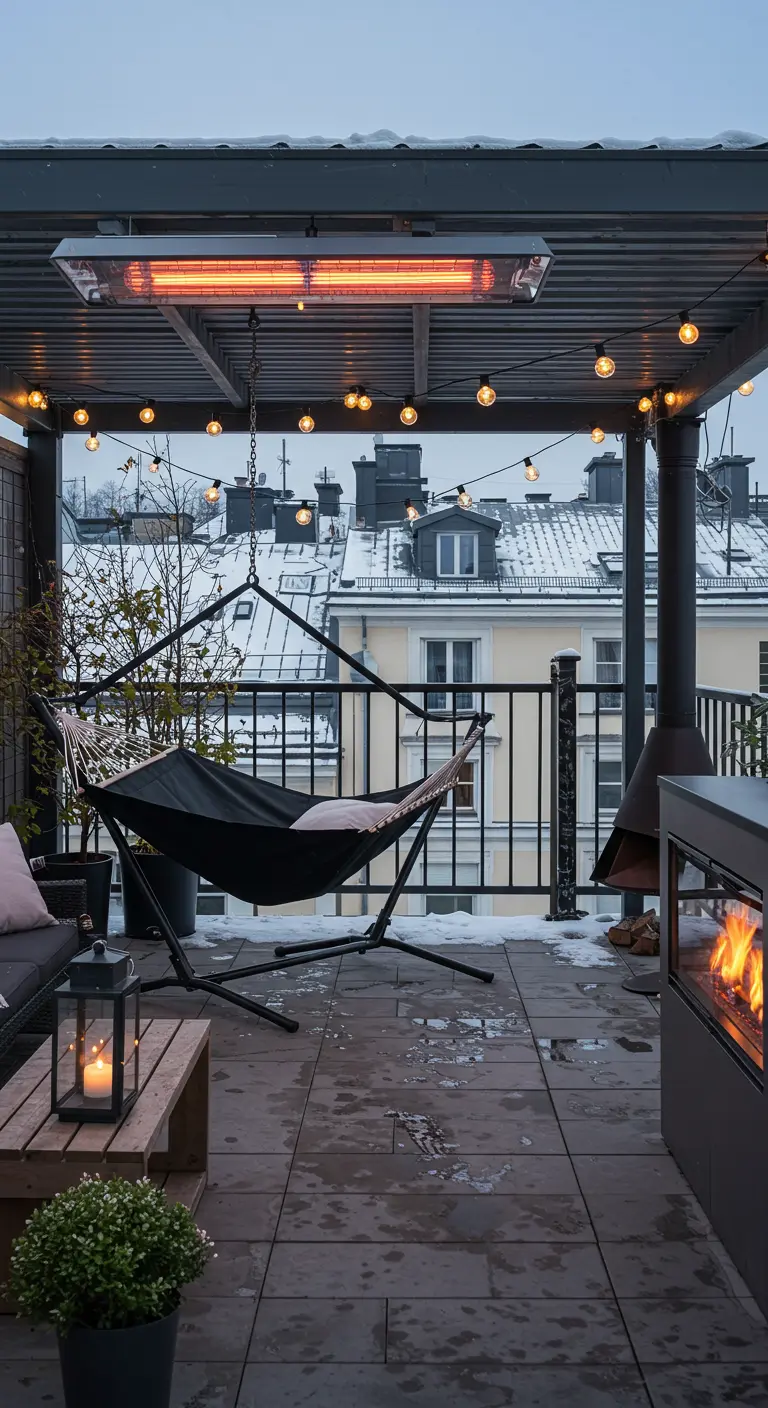 Balcón urbano con hamaca negra, calefactor, chimenea y luces.