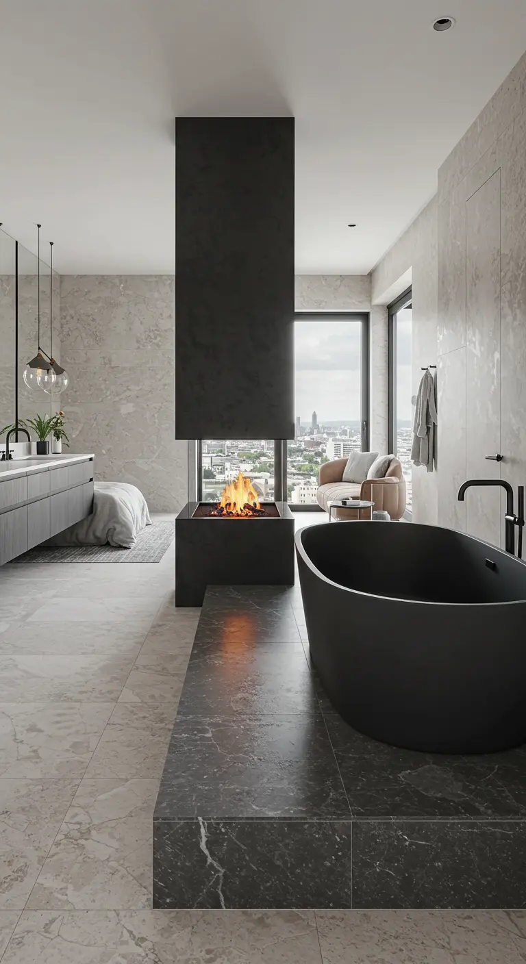 Baño de lujo con chimenea central, bañera negra exenta y suelos de mármol claro y oscuro