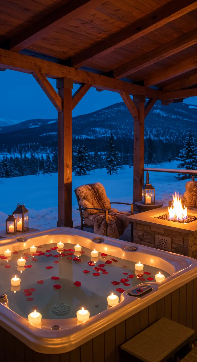 Jacuzzi en la nieve con pétalos rojos y velas flotantes, junto a una hoguera.