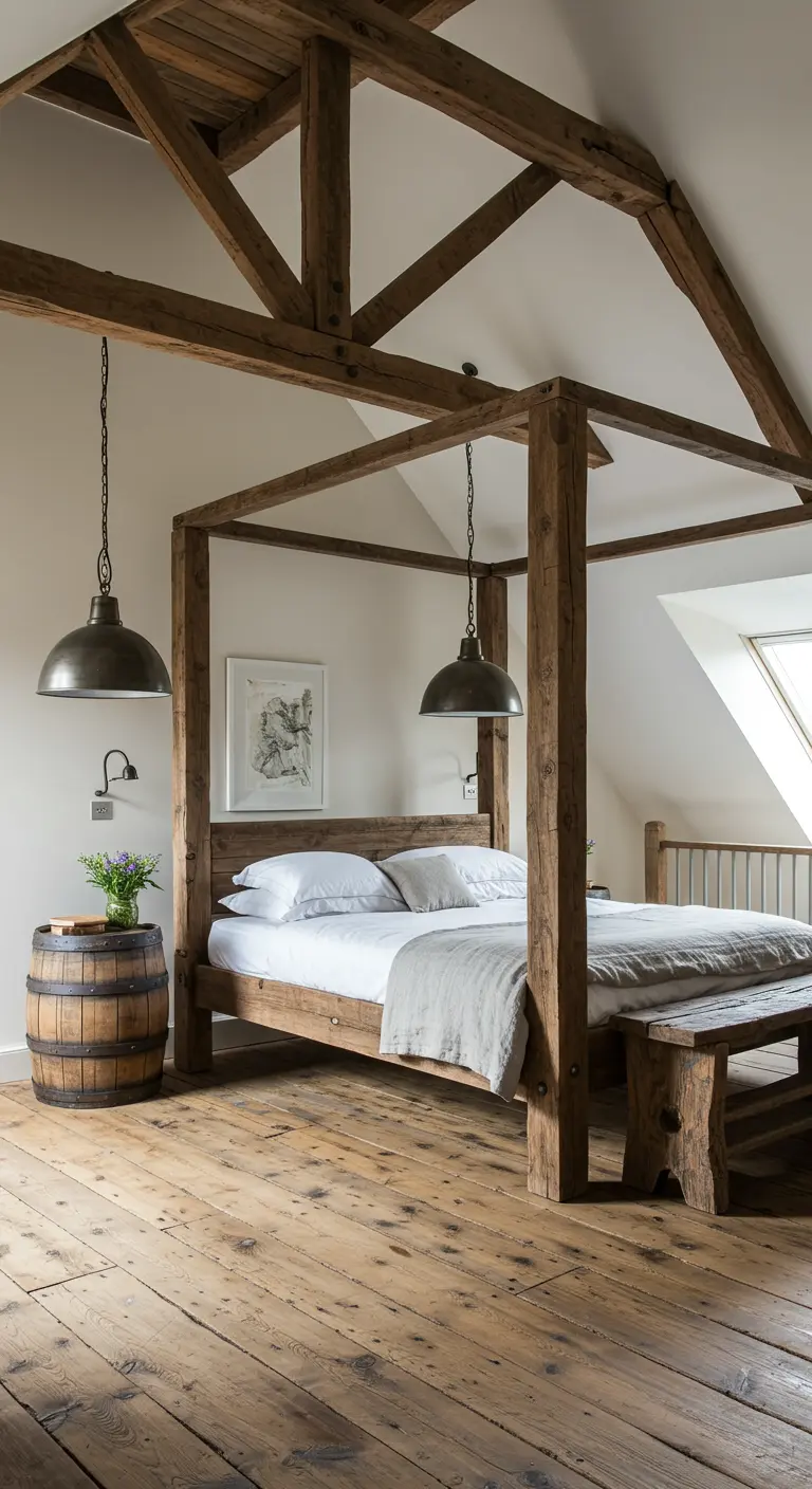 Cama con dosel hecha de vigas de madera gruesa en un dormitorio rústico con suelo de madera.