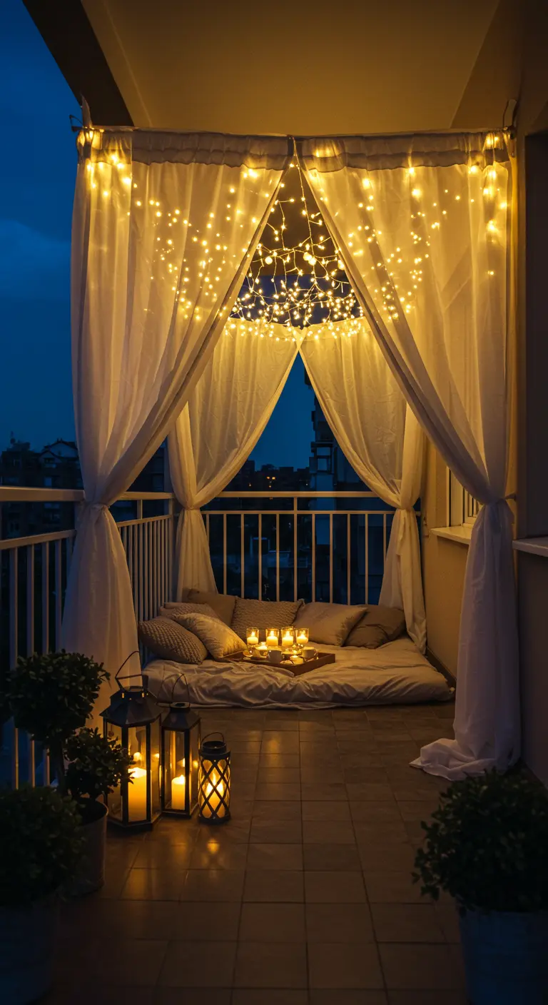 Cama baja en un balcón con dosel de cortinas blancas y guirnaldas de luces brillantes.