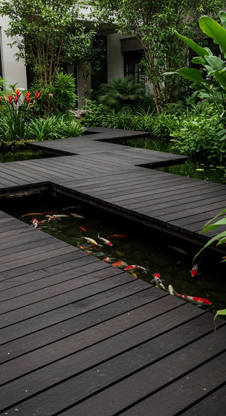 Pasarela de madera oscura en zigzag sobre un estanque de peces koi en un jardín moderno.