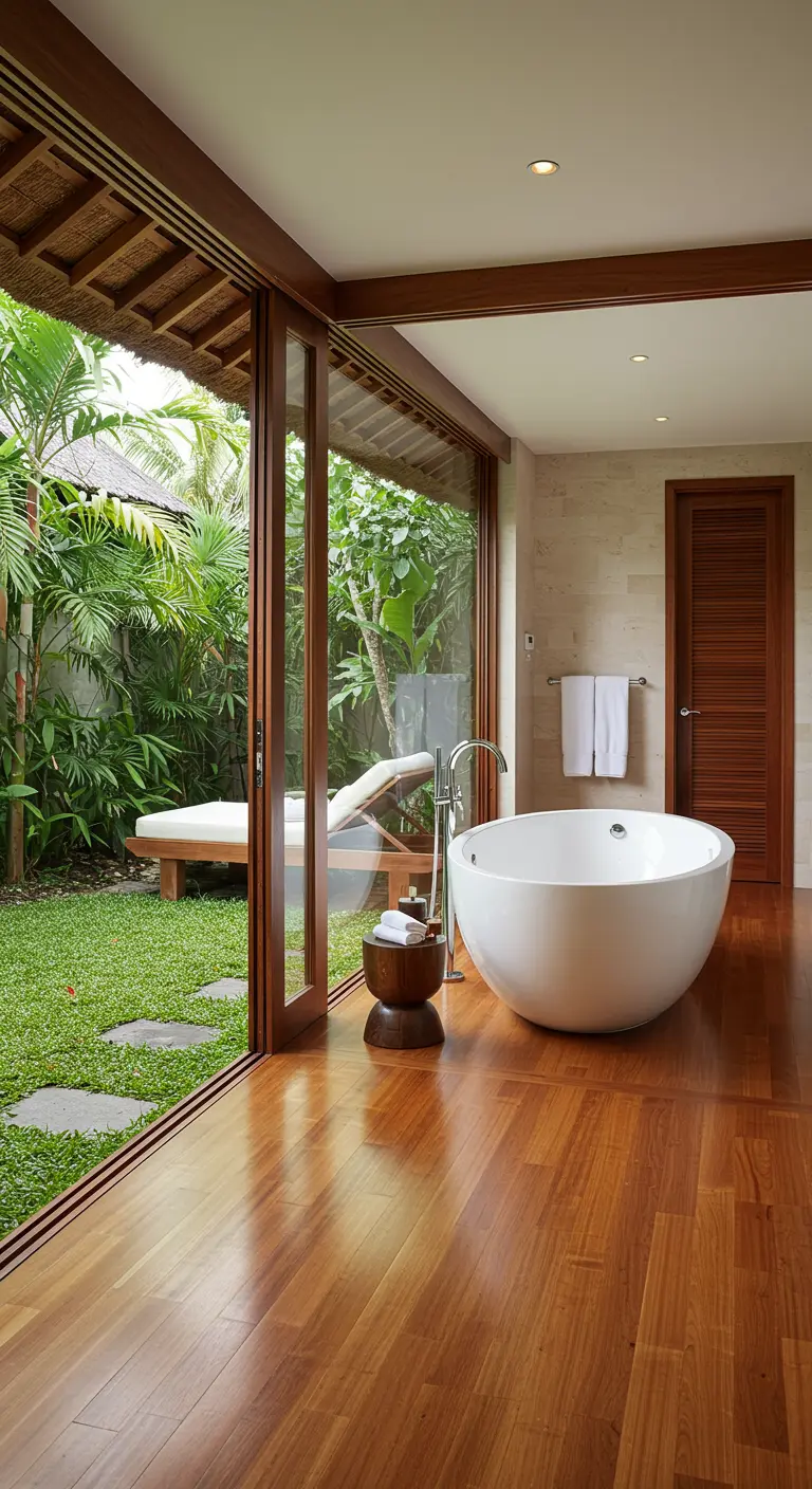 Baño de lujo con suelo de bambú y puertas de cristal que se abren a un jardín tropical.