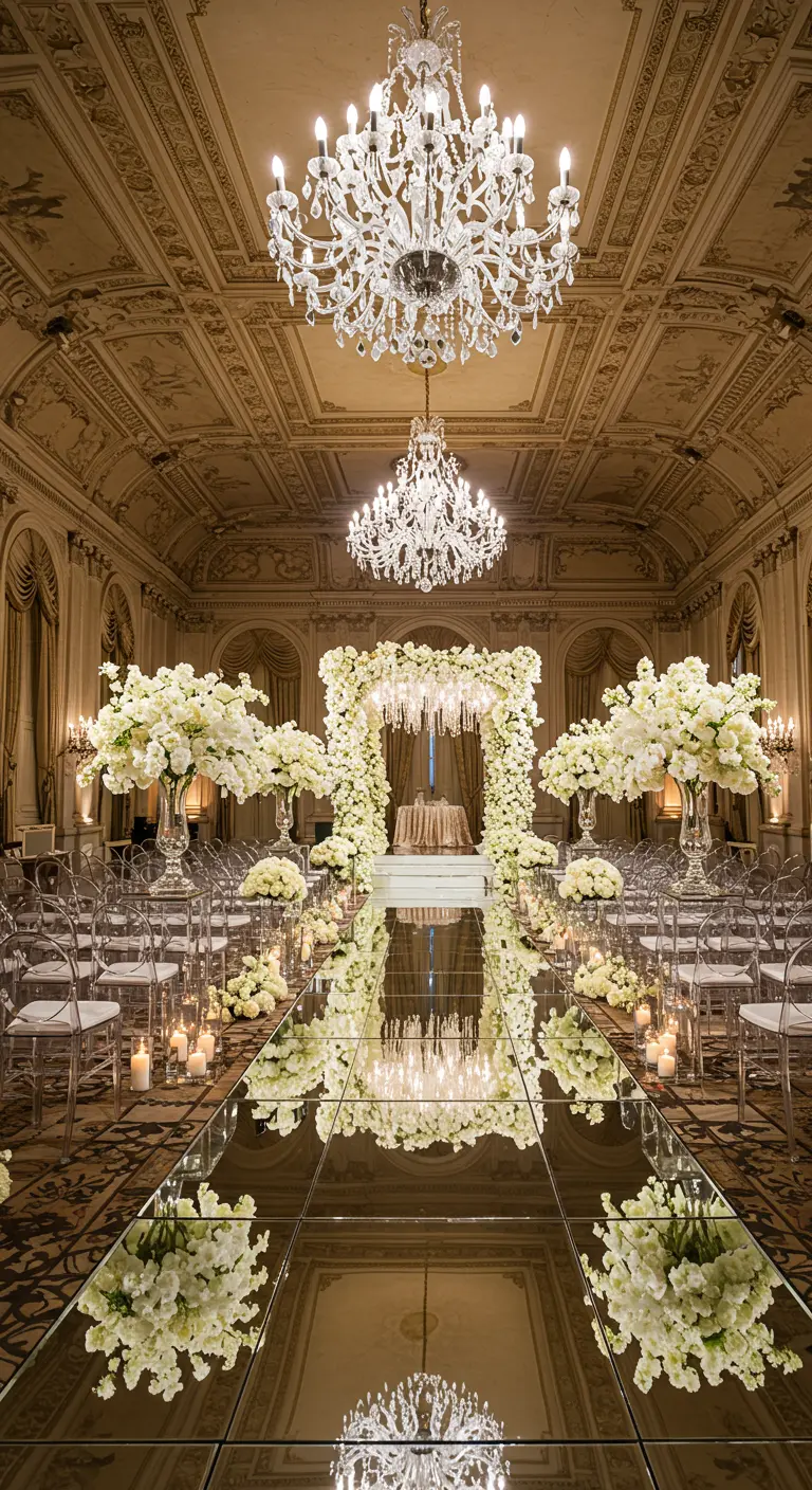Pasillo de ceremonia de boda con espejo, flanqueado por flores blancas y candelabros de cristal.