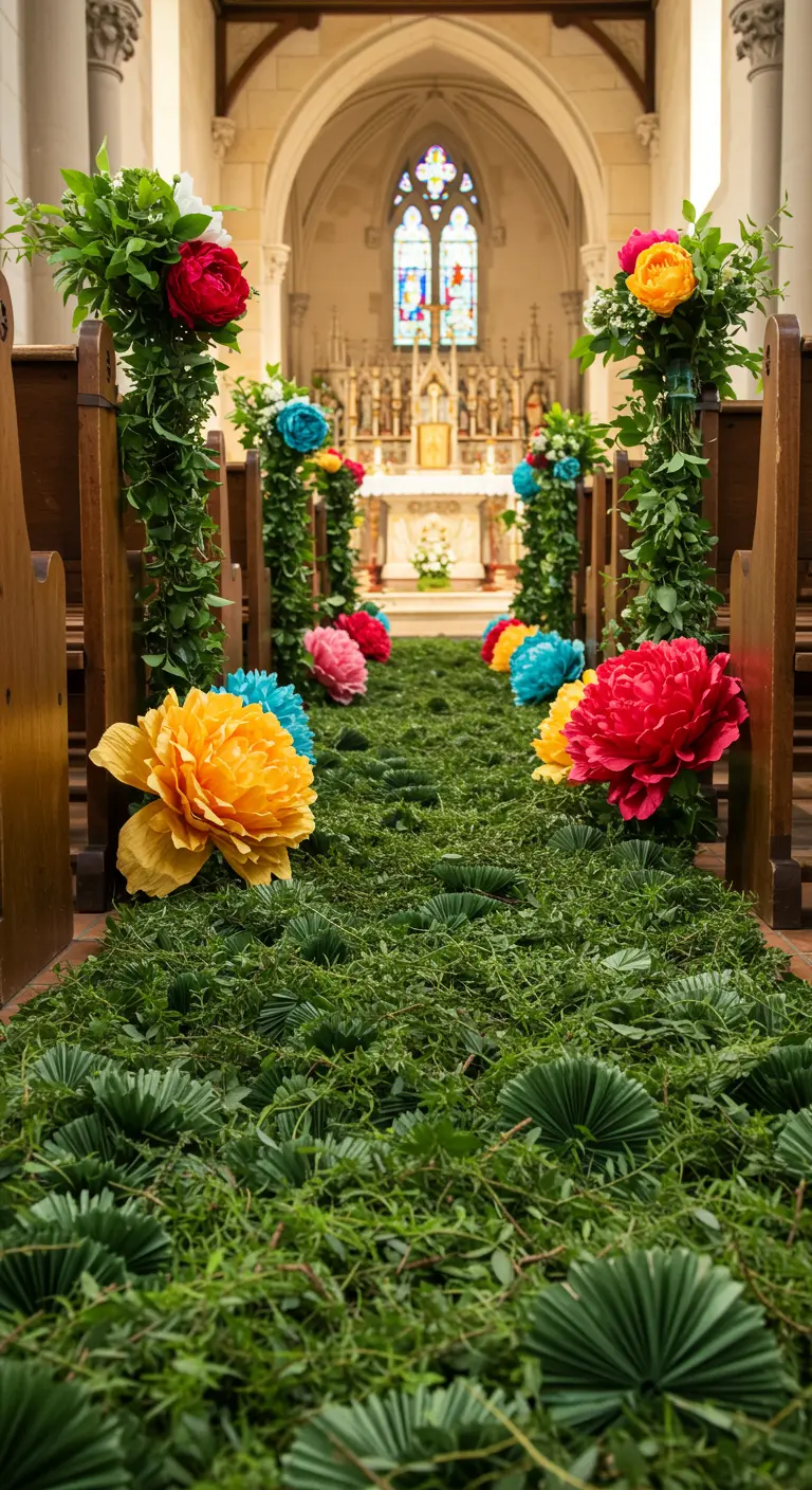 Pasillo de una iglesia decorado con un camino de césped y flores de papel gigantes de colores.