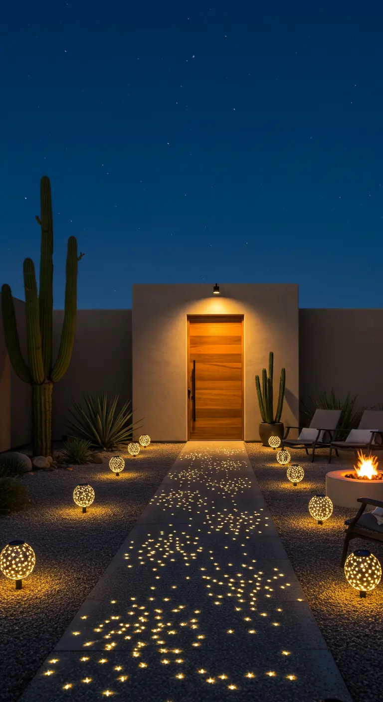 Camino de jardín iluminado por la noche con lámparas solares que proyectan patrones de estrellas.