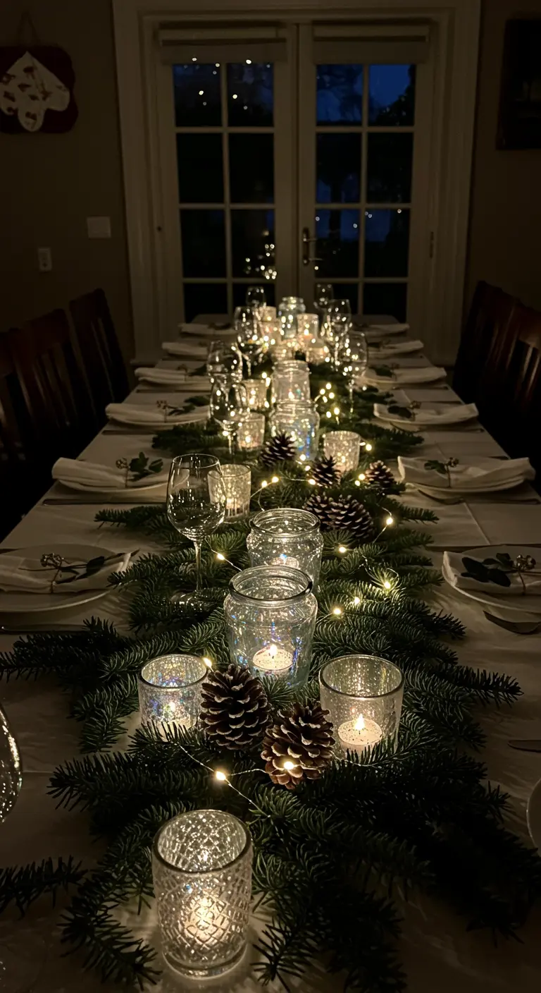 Larga mesa de comedor decorada con una guirnalda de pino, luces de hadas y múltiples portavelas de cristal.