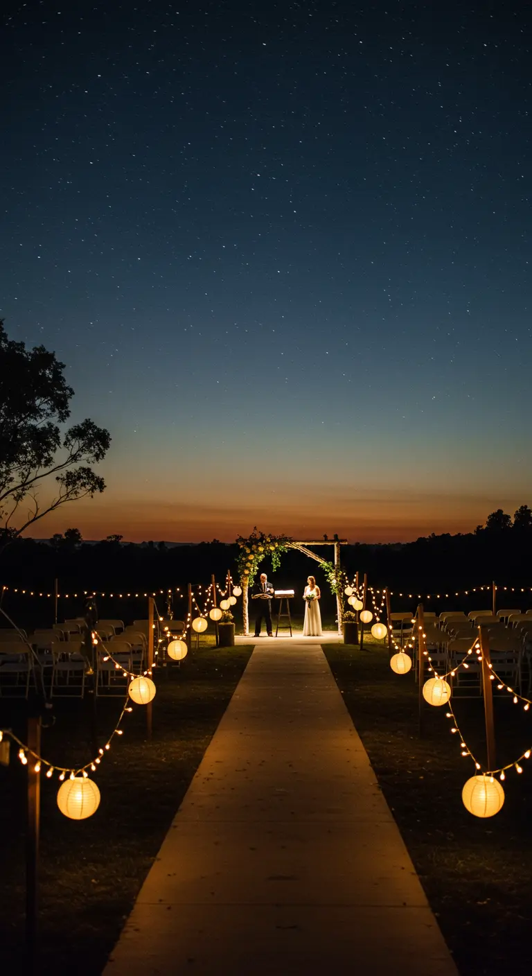Pasillo nupcial al aire libre por la noche, iluminado por guirnaldas de luces con farolillos de papel.