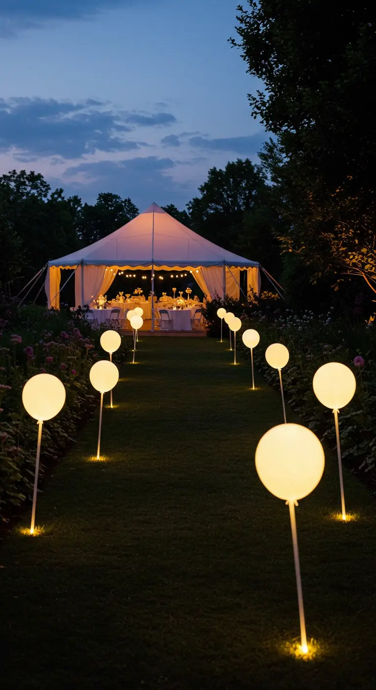 Camino de césped que lleva a una carpa de fiesta, bordeado por globos LED en postes.