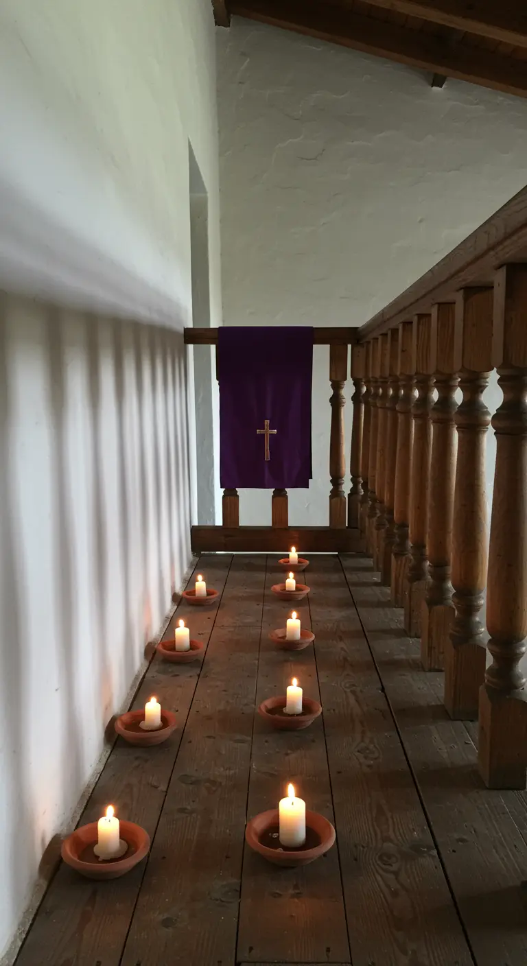 Camino de velas en cuencos de arcilla sobre suelo de madera, con tela morada al fondo.