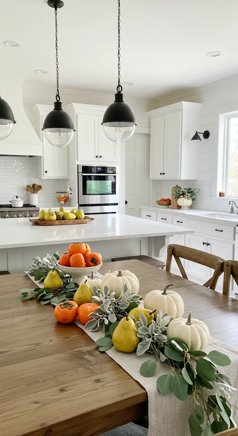 Mesa de comedor con un camino de eucalipto, calabazas blancas y peras.