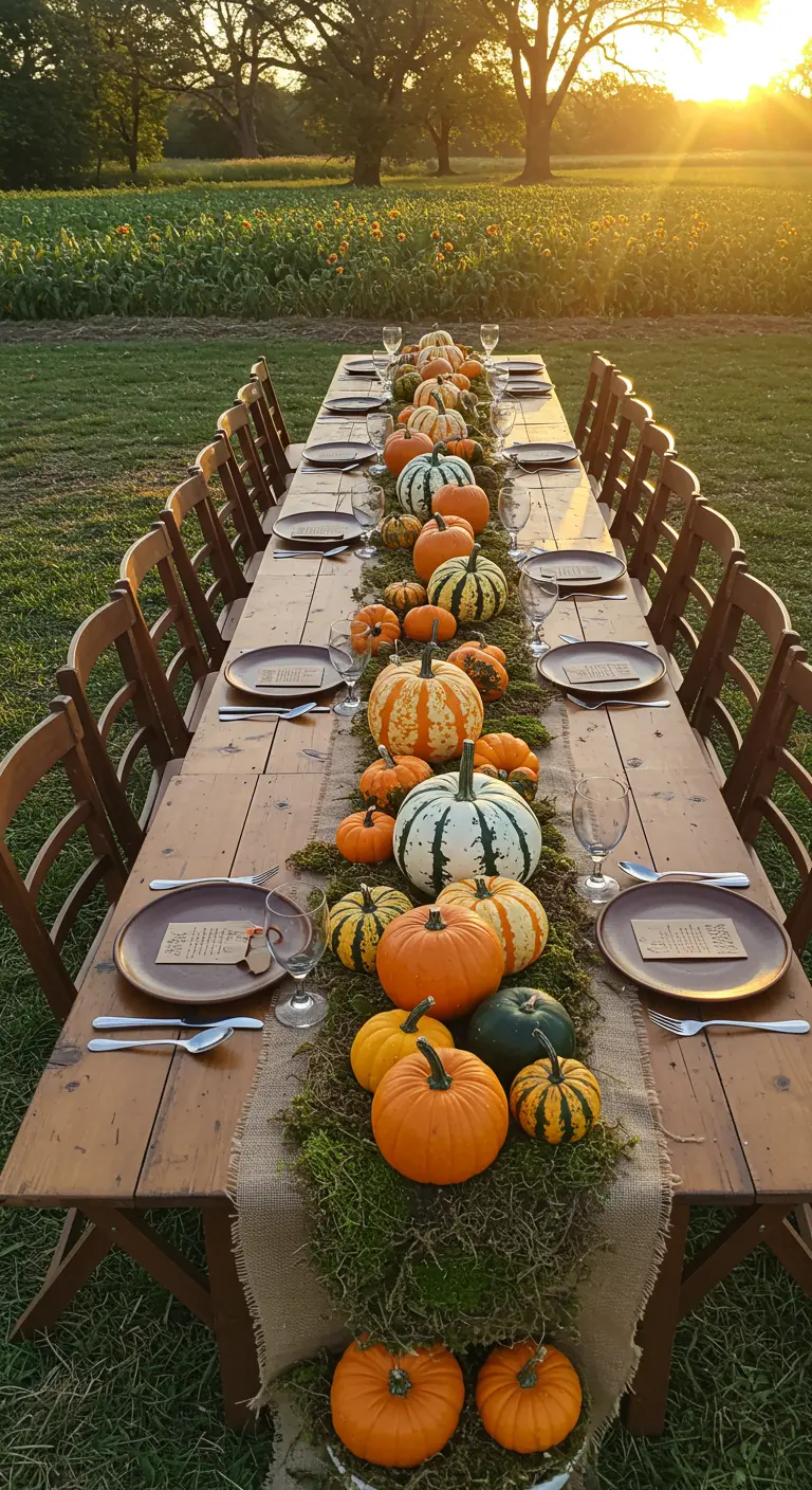 Larga mesa de madera al aire libre con un camino de mesa de calabazas de diversos tipos y colores.