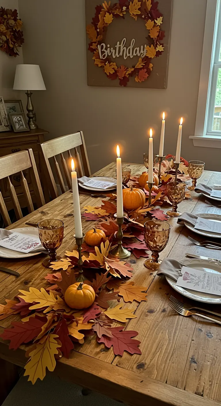 Mesa de comedor decorada con una guirnalda de hojas de papel otoñales y calabazas.