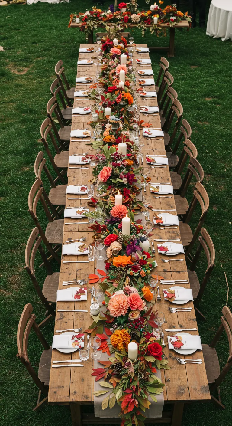 Larga mesa de madera con un exuberante camino de mesa hecho de flores, hojas y guirnaldas de papel.