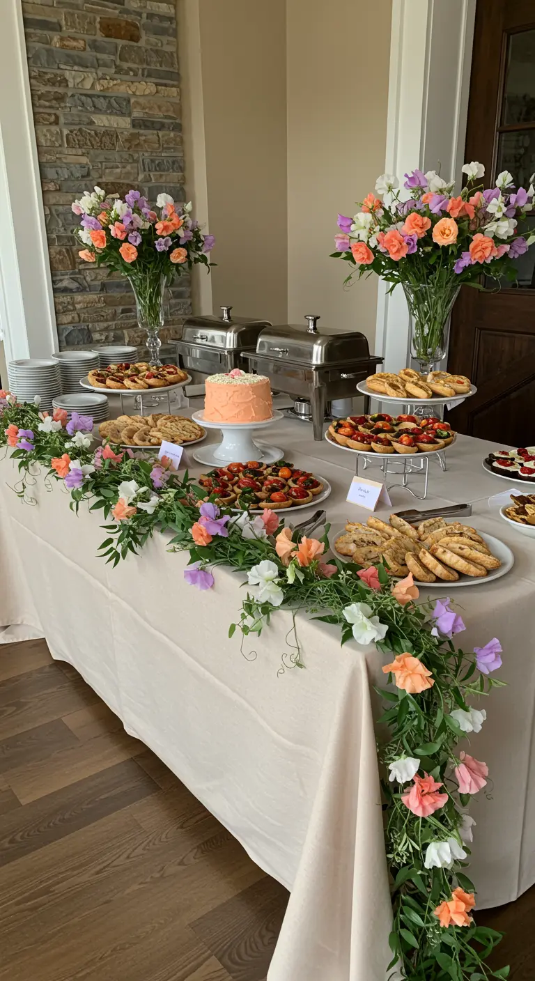Mesa de buffet con una guirnalda de flores en tonos pastel que cae por el mantel.