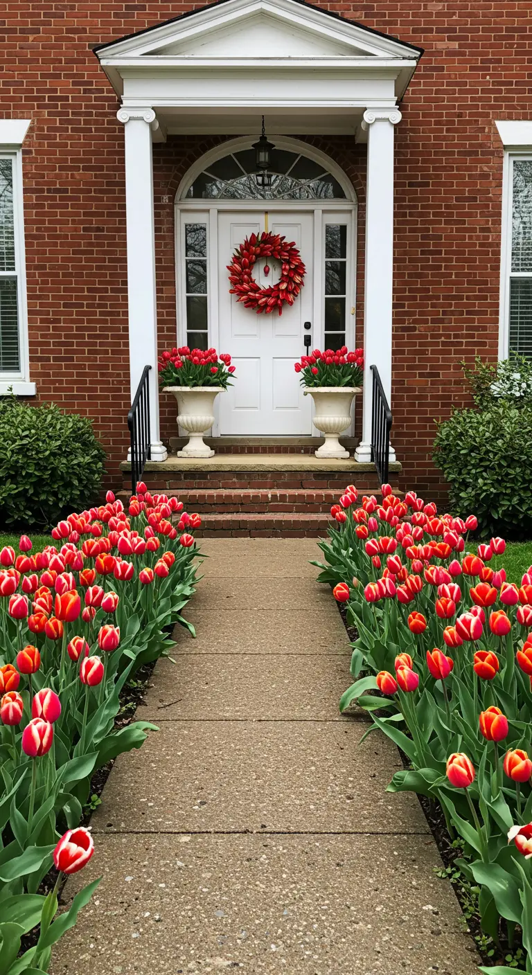 Camino de entrada a una casa de ladrillo flanqueado por hileras masivas de tulipanes rojos y naranjas