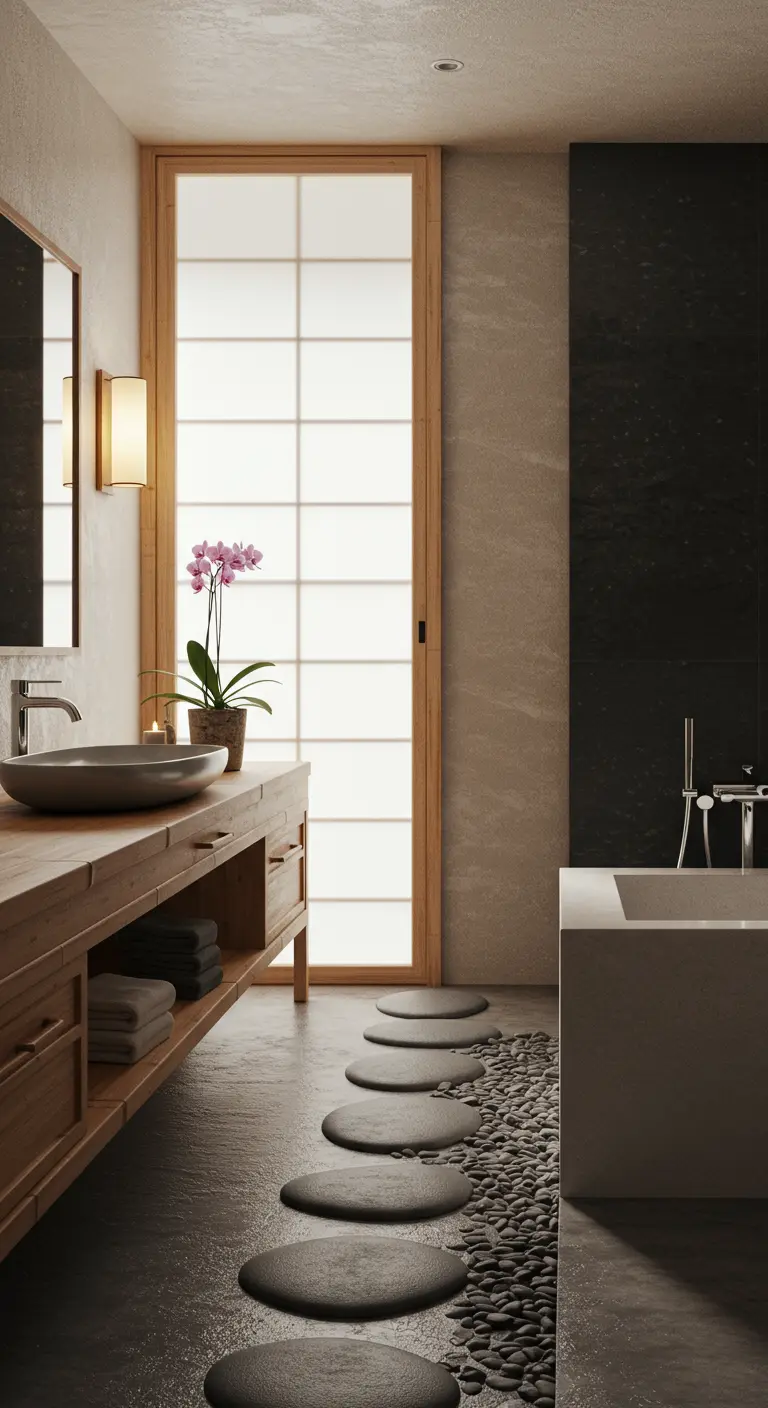 Baño de estilo japonés con mueble de madera, puerta corredera shoji y camino de piedras.