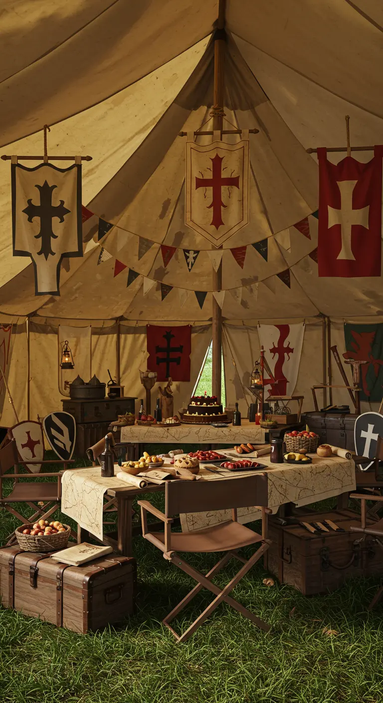 Interior de una tienda de campaña medieval con una mesa de banquete, escudos y estandartes.