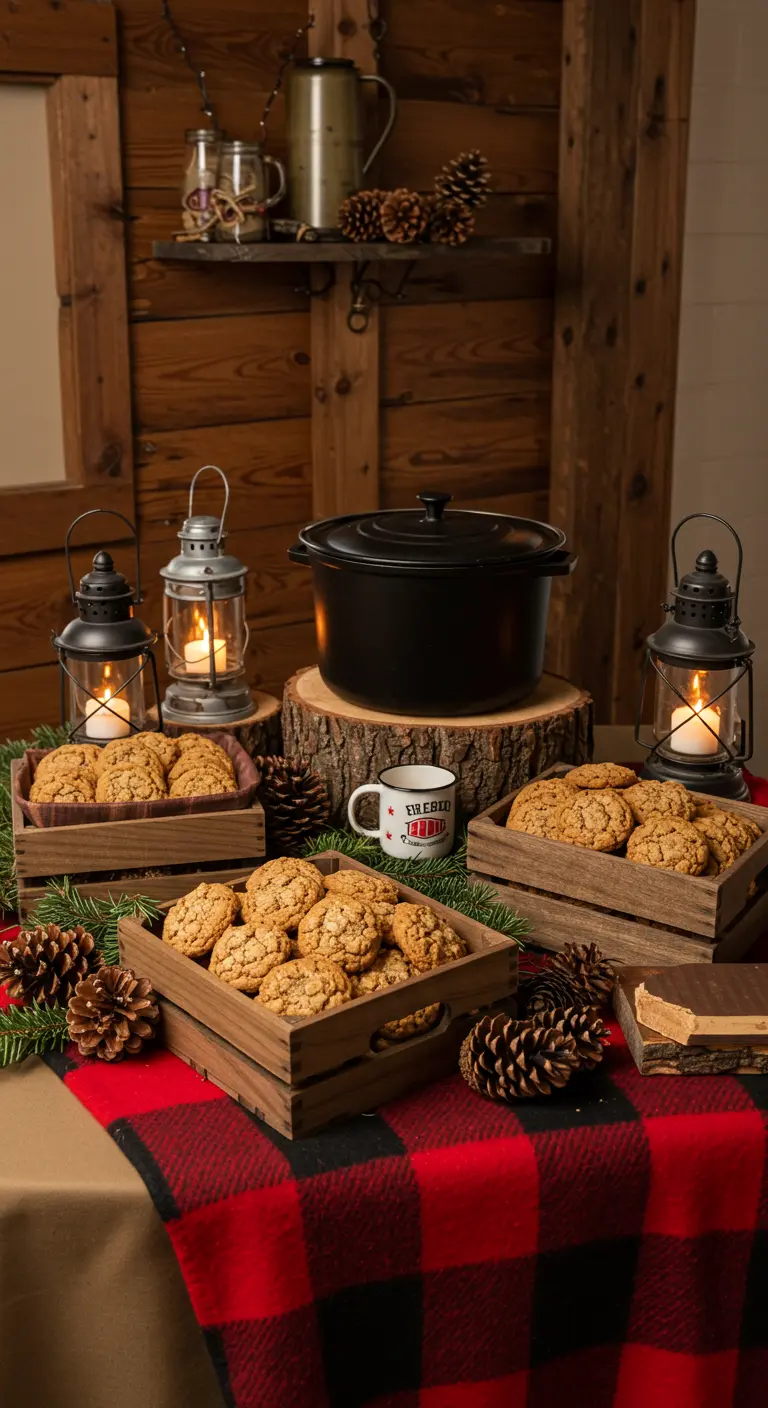 Mesa de postres rústica con mantel de cuadros de leñador, farolillos y galletas en cajas de madera.