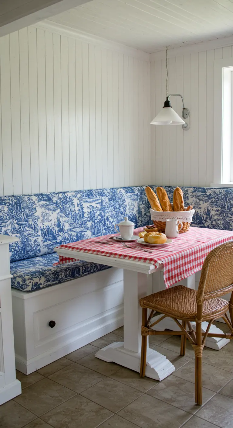 Rincón de desayuno con banco tapizado en tela Toile de Jouy y mantel de cuadros rojos.