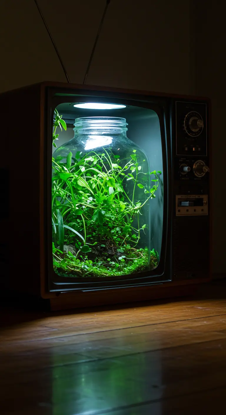 Un gran terrario de vidrio iluminado desde dentro, colocado dentro de la carcasa de un televisor antiguo.