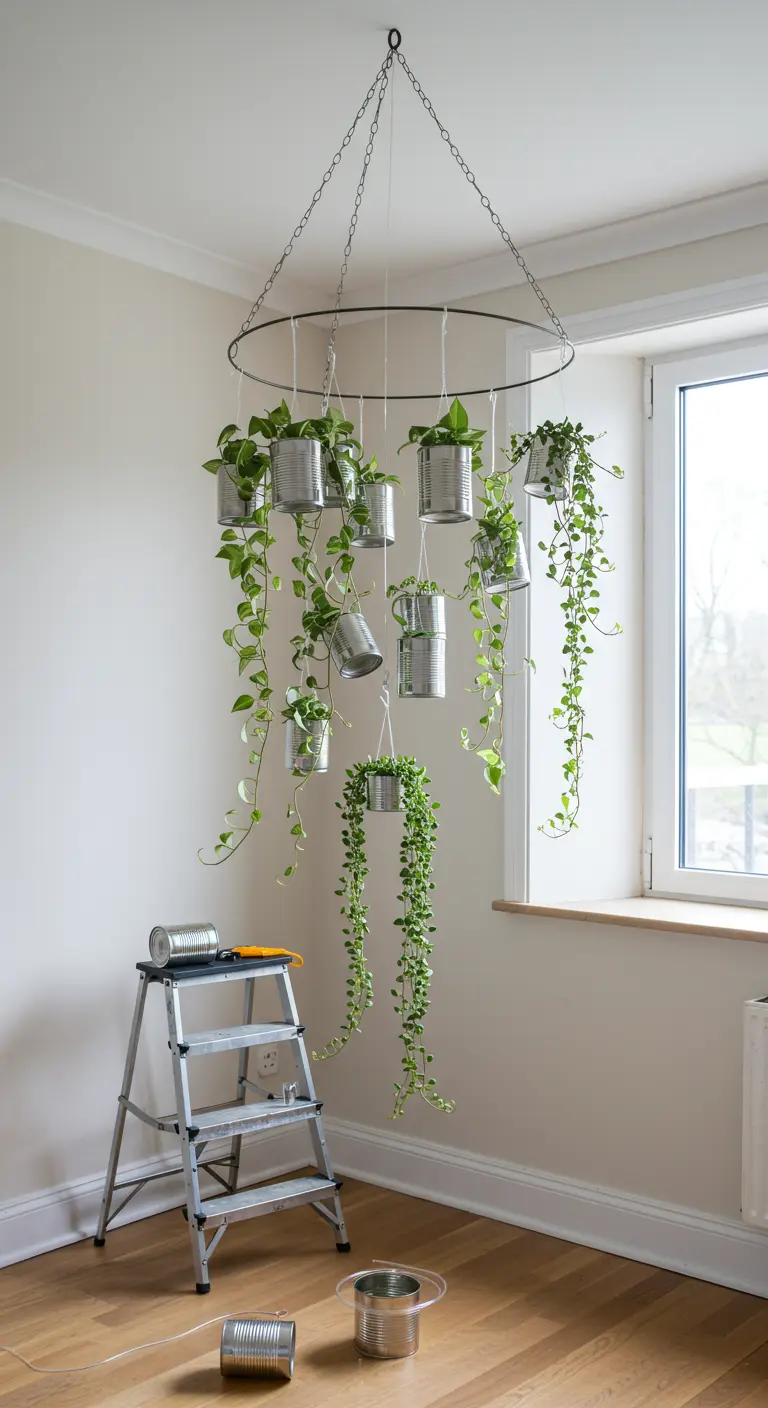 Móvil colgante hecho con un aro y latas metálicas con plantas enredaderas.