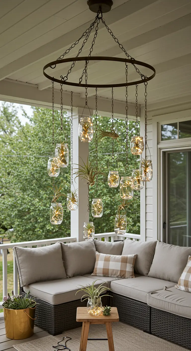 Candelabro colgante hecho con un aro de metal y frascos con luces LED y plantas de aire.