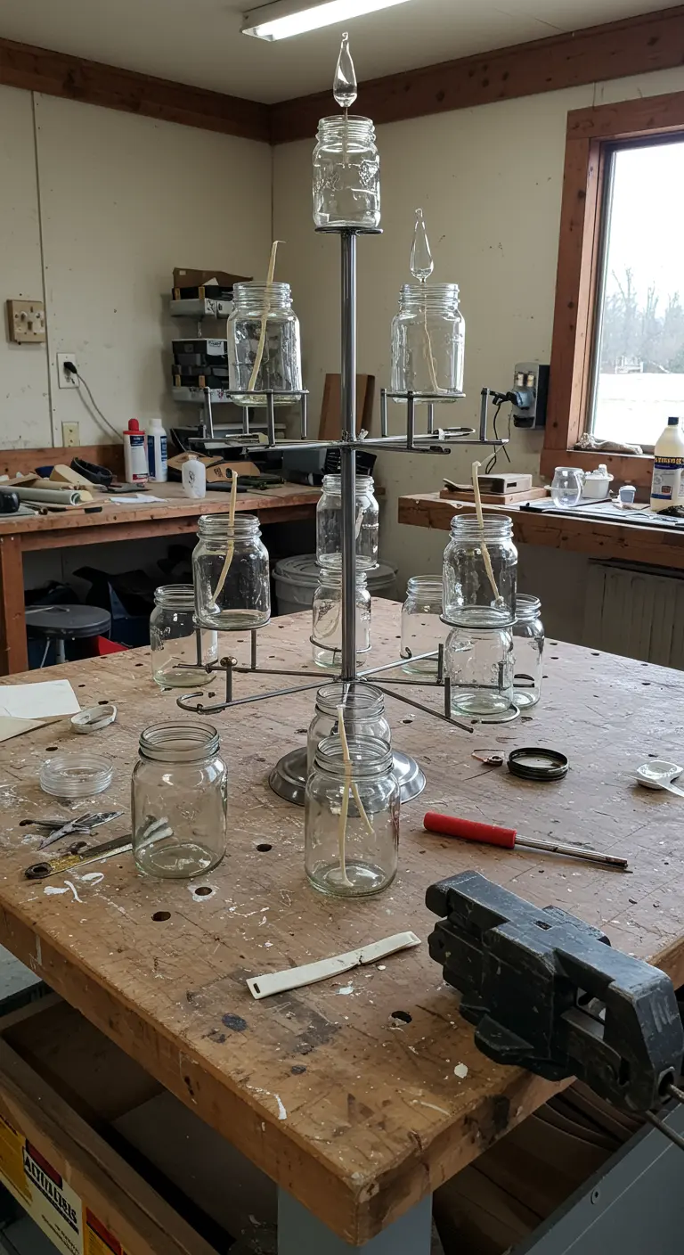 Un candelabro de varios niveles hecho con una estructura metálica y múltiples frascos de vidrio.