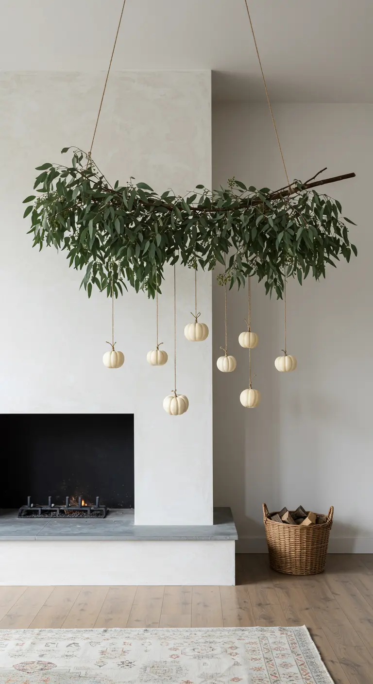 Una rama con eucalipto cuelga sobre una chimenea, con pequeñas calabazas blancas suspendidas de ella.