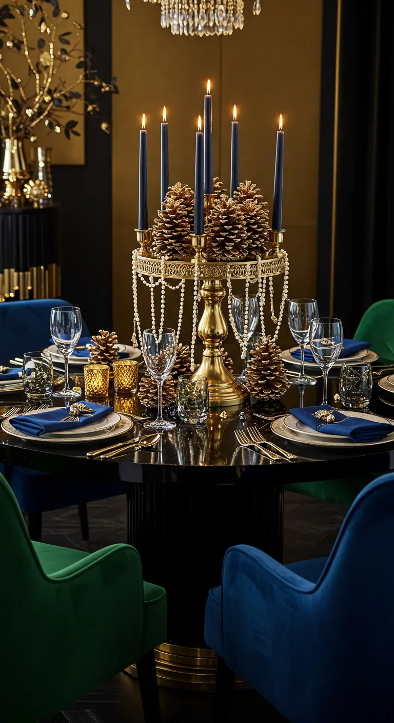 Candelabro dorado decorado con piñas doradas y perlas, con velas azules en una mesa elegante.