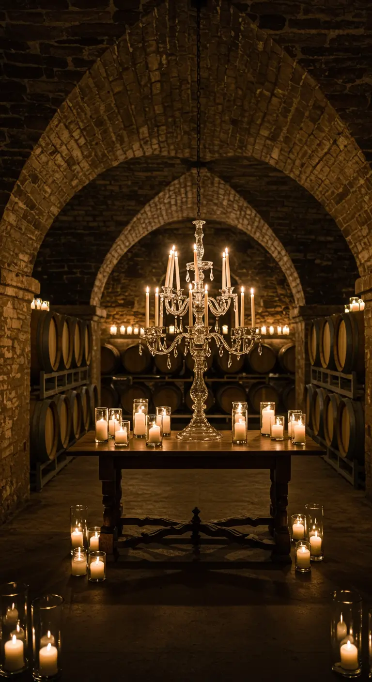 Altar en una bodega con un gran candelabro de cristal y velas sobre una mesa de madera.