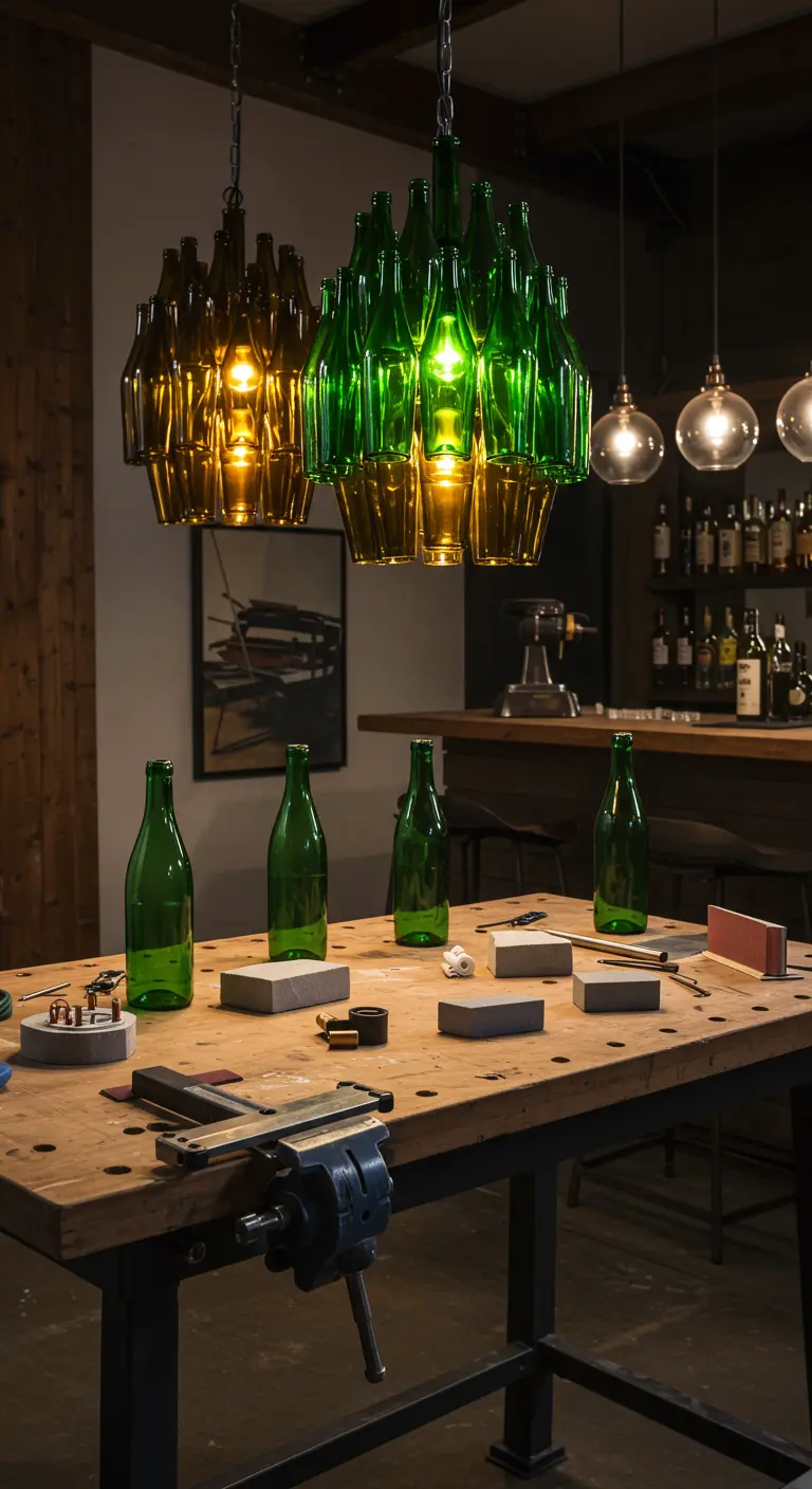 Lámpara de araña hecha con las partes superiores de botellas de vino verdes y ámbar cortadas.
