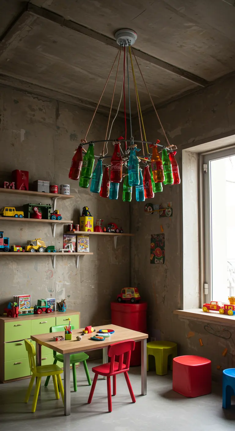 Lámpara de araña colorida hecha con botellas de refresco de vidrio en una habitación infantil.
