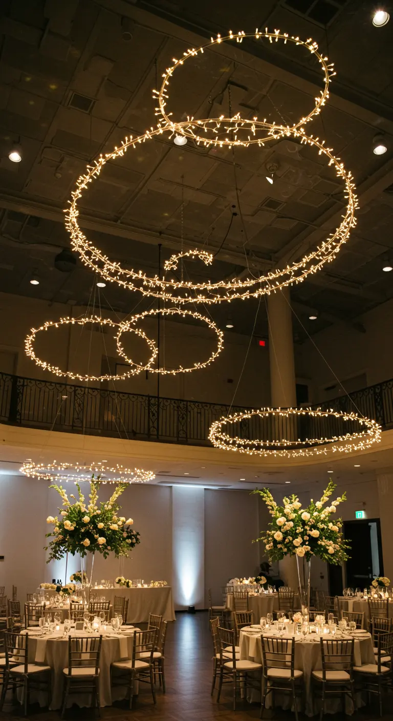 Candelabros circulares hechos con luces de hadas colgando en un salón de bodas.