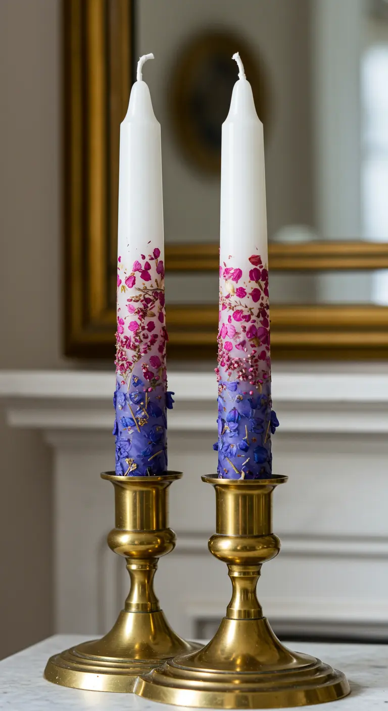 Dos velas largas decoradas con flores en degradado en candelabros.