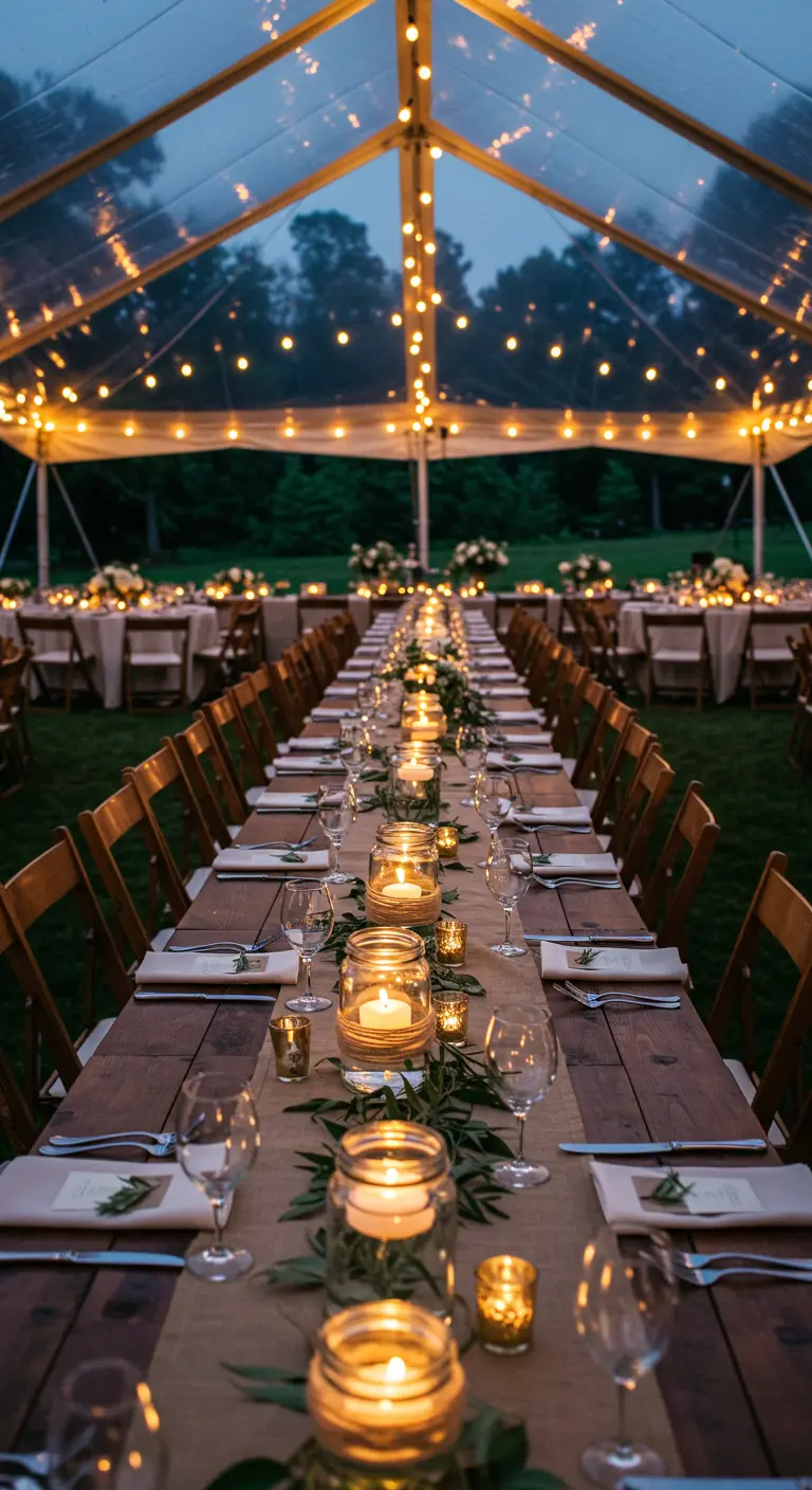 Larga mesa de boda iluminada por velas en tarros de cristal y guirnaldas de eucalipto.