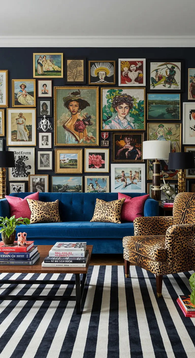 Sala maximalista con pared galería, sofá azul y sillón con estampado de leopardo.