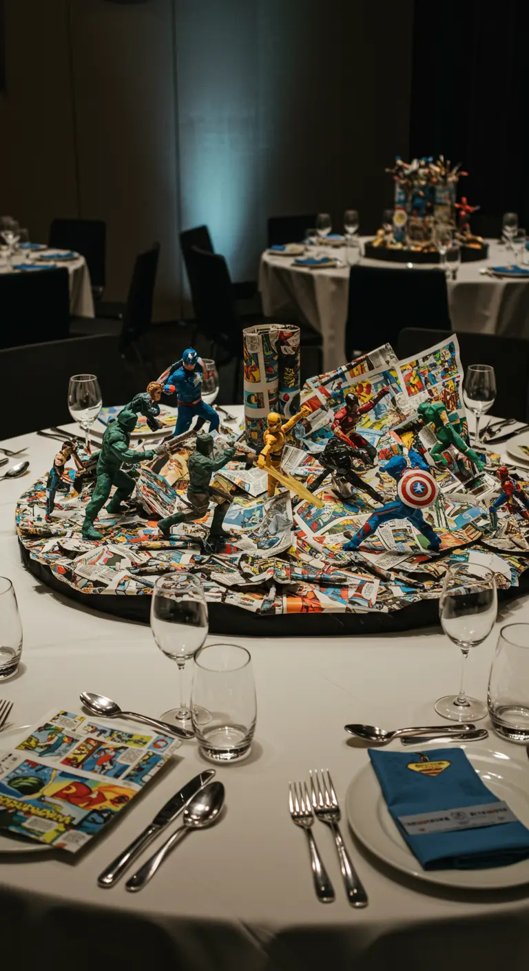 Centro de mesa con figuras de acción de superhéroes luchando sobre un collage de cómics.