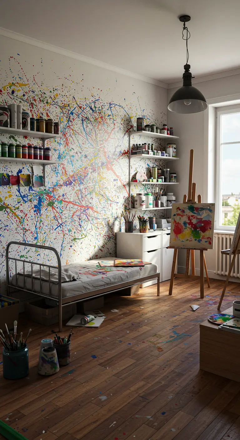 Dormitorio de un artista con una pared llena de salpicaduras de pintura de colores.