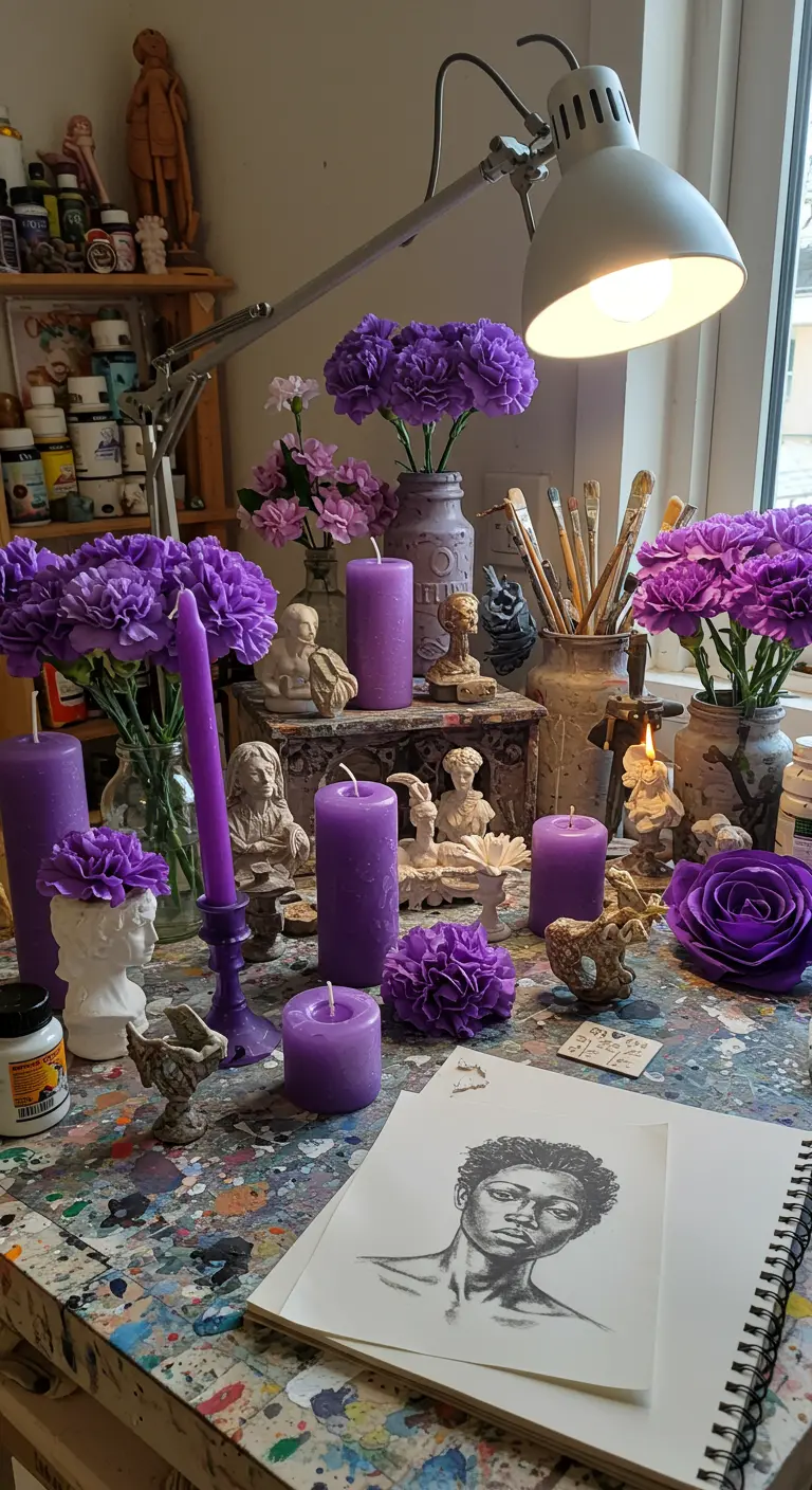 Mesa de estudio de un artista llena de esculturas, flores moradas, velas y materiales de arte.