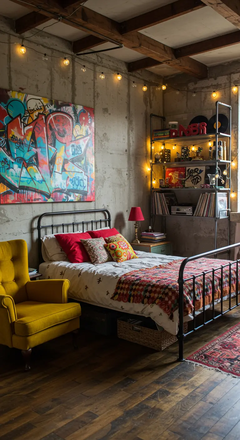 Dormitorio ecléctico con pared de hormigón, arte de graffiti y luces cálidas