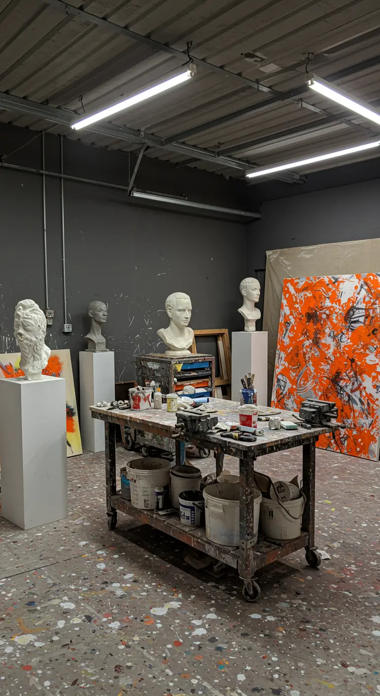 Taller de escultura de estilo industrial con paredes grises, un suelo manchado de pintura y bustos en pedestales.