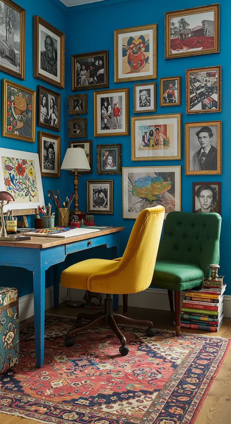 Rincón de trabajo maximalista con pared azul, galería de cuadros y sillas de terciopelo de colores.