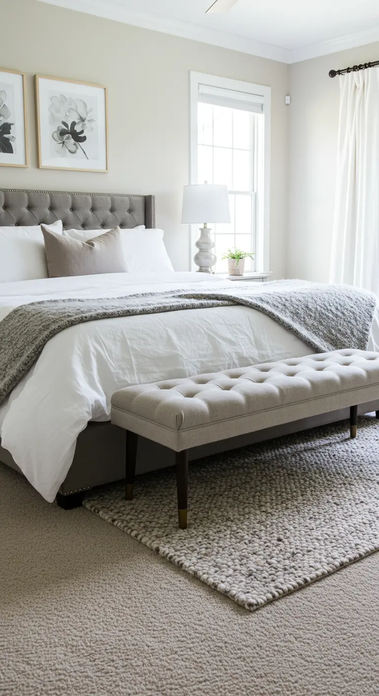 Alfombra texturizada de lana gris superpuesta sobre una moqueta beige en un dormitorio.