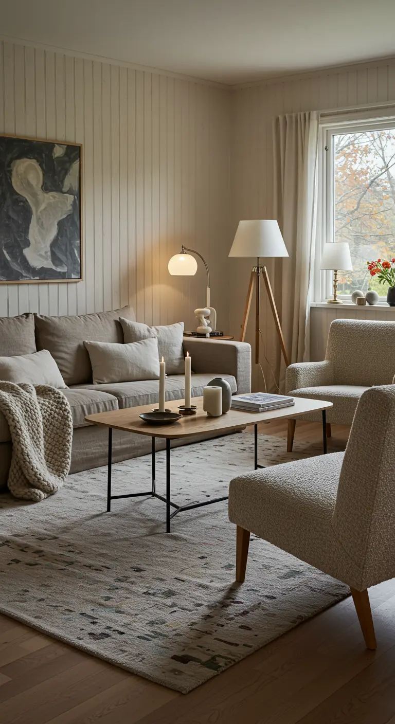 Salón sueco con alfombras superpuestas, sofá con manta de punto y varias lámparas encendidas