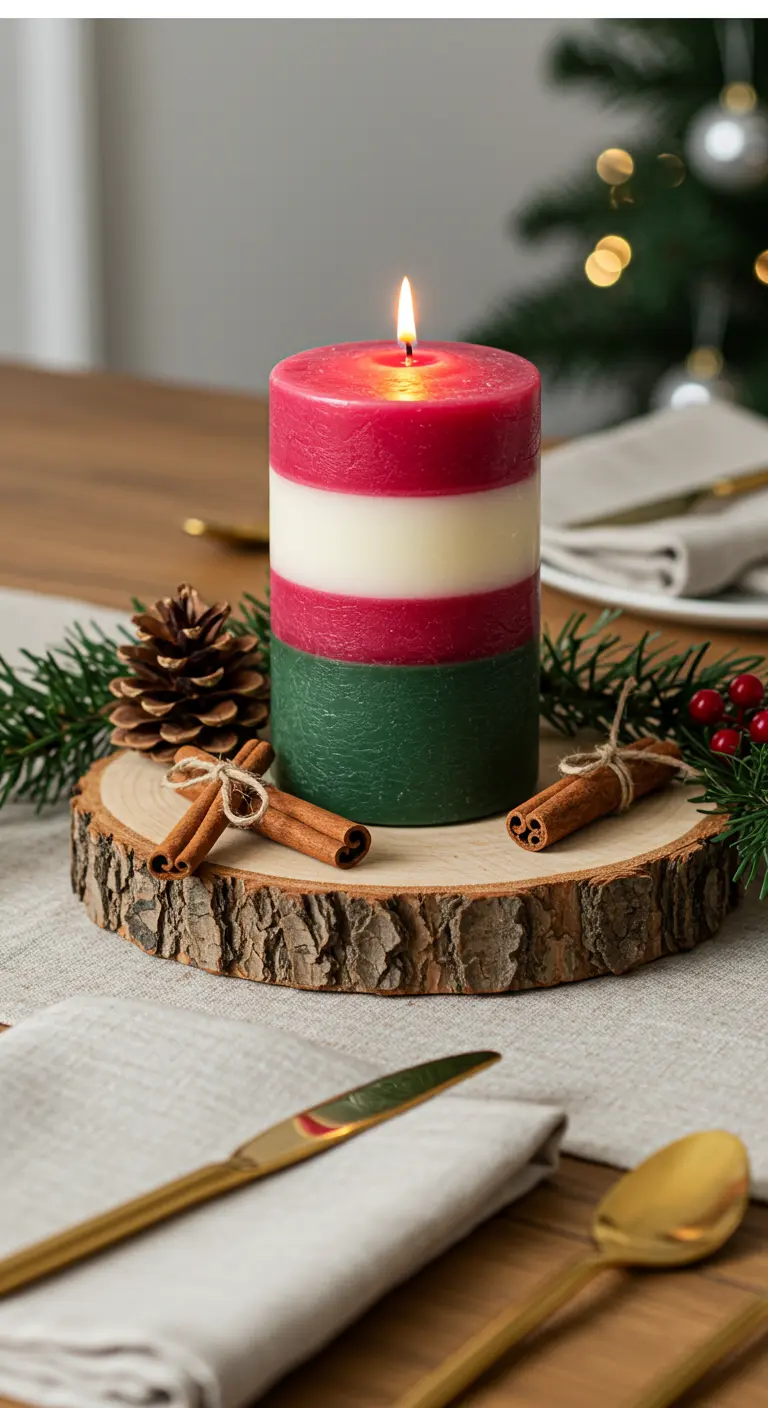 Vela de capas navideñas roja, blanca y verde sobre una base de madera con canela.